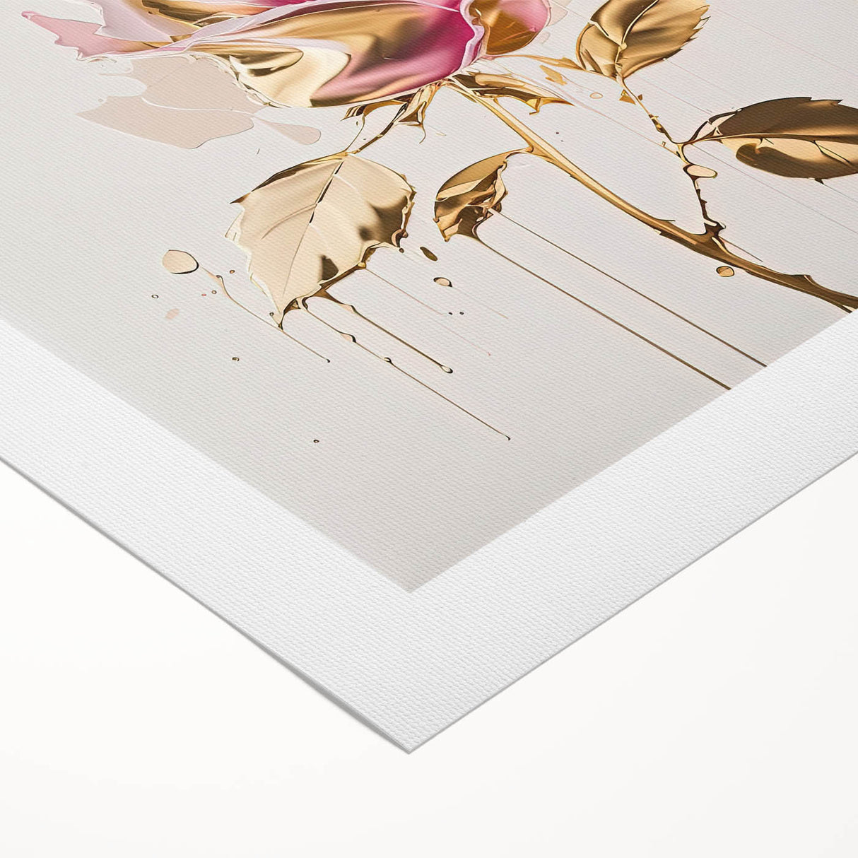 Botanical rose design wall art on rolled canvas, showcasing vibrant pink and green hues, perfect for home decor or floral-themed interiors.