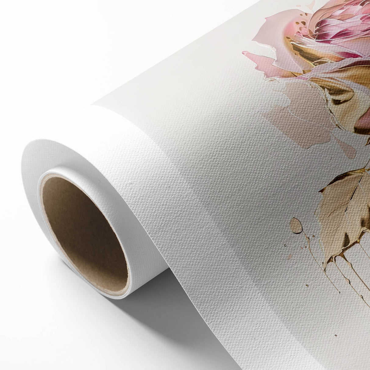 Botanical rose design wall art print on rolled canvas, showcasing vibrant pink and green hues, perfect for home decor or floral-themed spaces. Ideal for enhancing interior aesthetics.