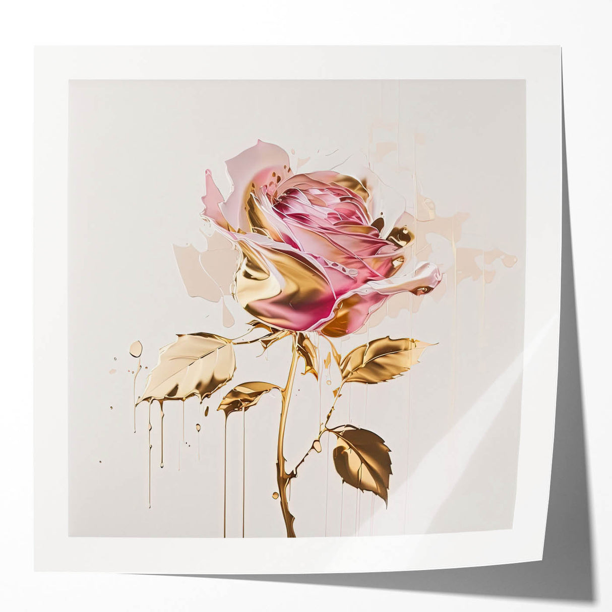 Botanical rose design wall art print showcasing intricate floral details in soft pink and green hues, elegantly rolled for easy display and shipment. Ideal for home decor enthusiasts seeking a touch of nature.