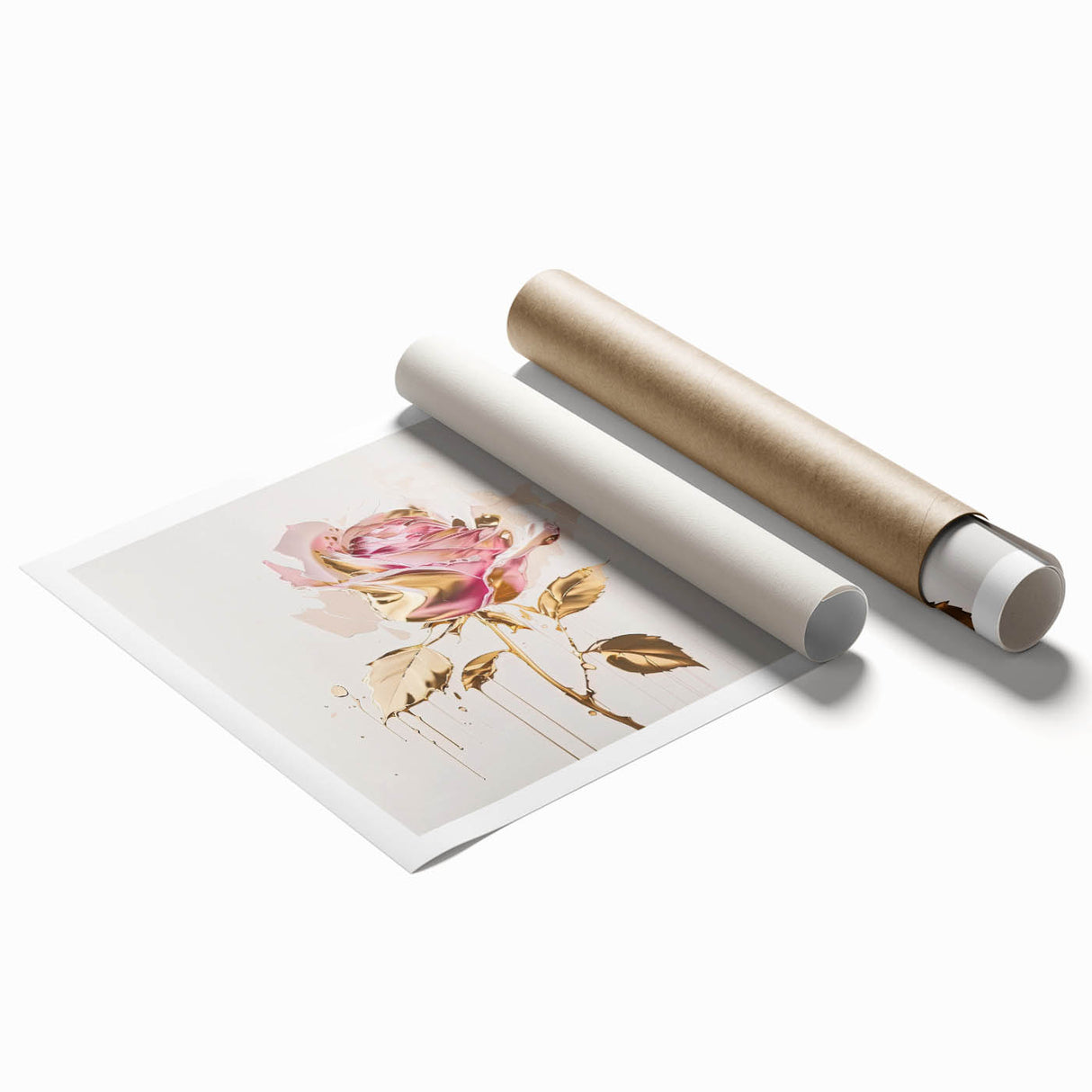 Botanical wall art print featuring an elegant rose design with soft pastel colors, rolled for easy framing and display, perfect for home decor.