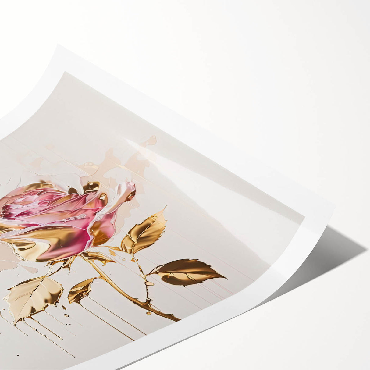 Botanical rose design wall art print showcasing vibrant pink and green hues on a textured background, rolled for easy display and shipping. Perfect for floral decor enthusiasts.