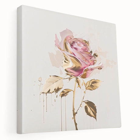 Stretched canvas wall art showcasing a botanical rose design in vibrant colors, ideal for home decor, displayed from a side view to highlight its depth and texture.