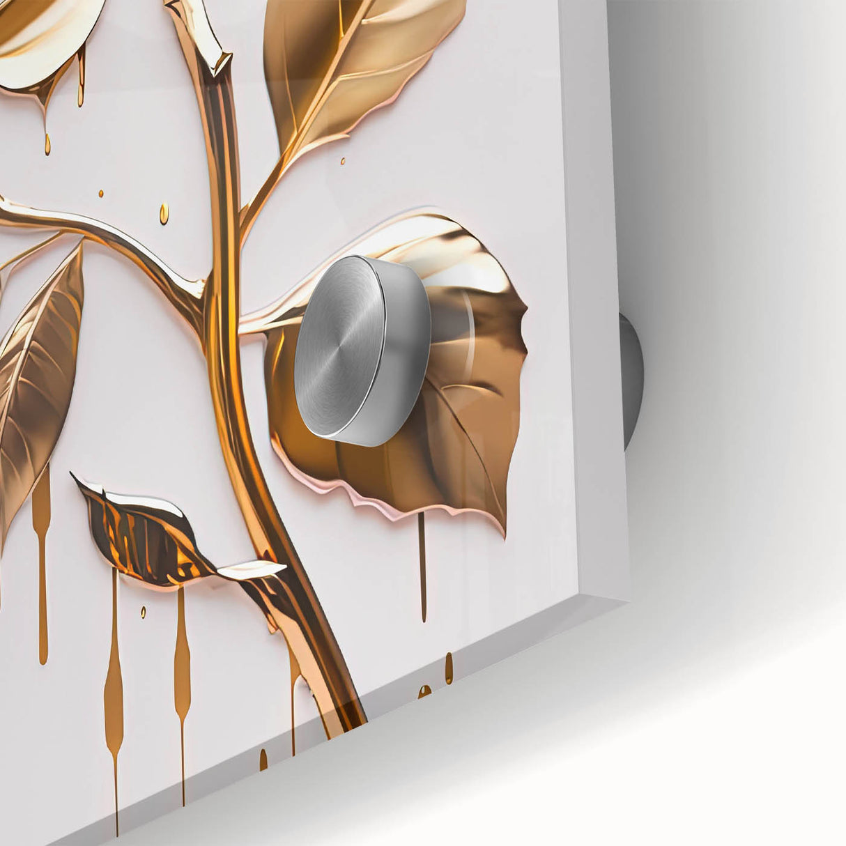 Close-up view of a botanical rose design wall art piece, showcasing intricate floral details with vibrant colors on acrylic glass, perfect for home decor.