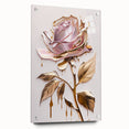 Acrylic glass wall art featuring a botanical rose design, showcasing vibrant colors and intricate details, elegantly displayed with pins on a side view background. Perfect for home decor enhancements.
