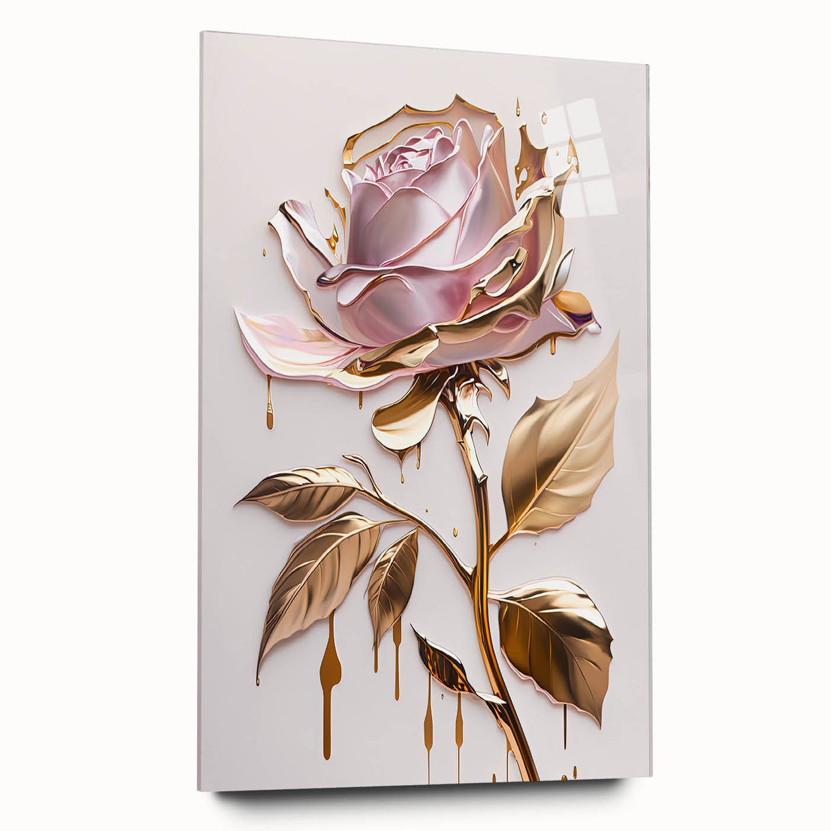 Elegant botanical wall art featuring a detailed rose design on acrylic glass, showcasing vibrant colors and a sleek side view, perfect for modern decor.