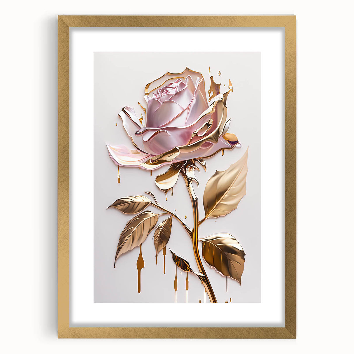 Framed botanical rose wall art design in gold, showcasing intricate floral illustrations with a white mat. Ideal for enhancing home decor and adding elegance to any space.