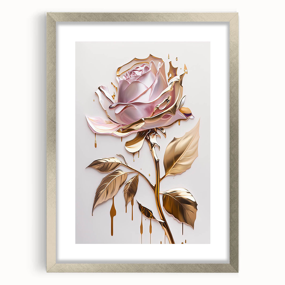 Botanical rose wall art collection featuring a silver-framed design with a mat, showcasing intricate floral details and vibrant colors, ideal for home decor.