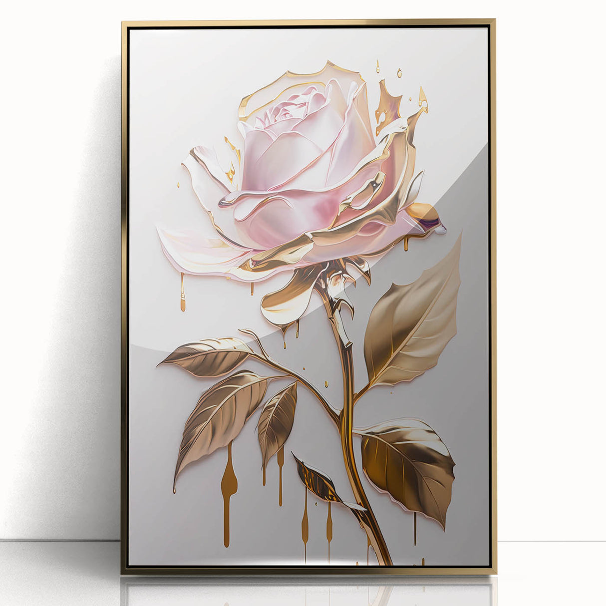 Framed botanical wall art showcasing a delicate rose design with intricate details, set in a stylish gold frame, perfect for enhancing modern home decor.