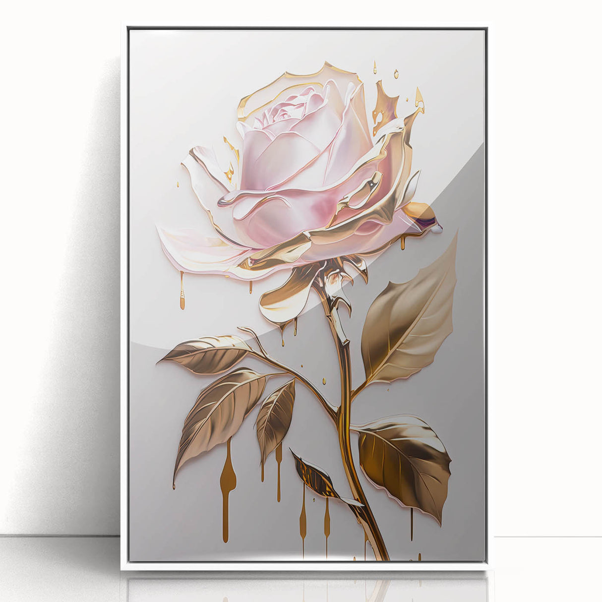 Framed botanical wall art showcasing a delicate rose design in soft pink and white hues, set against a sleek white frame, perfect for elegant home decor.