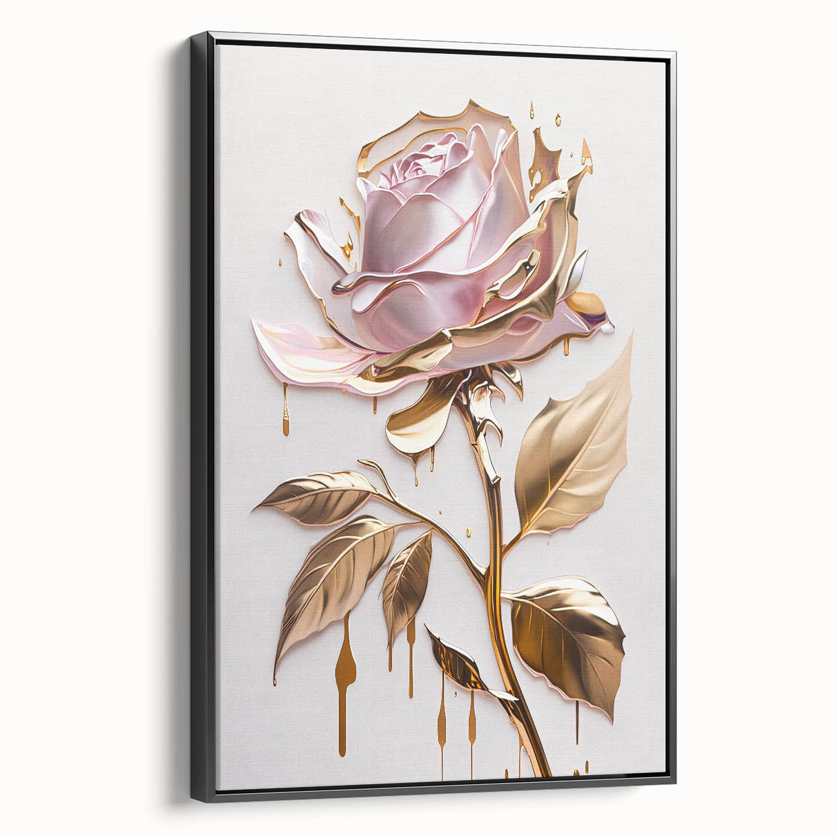 Framed canvas wall art showcasing an elegant botanical rose design in soft pink and green hues, set against a sleek black frame, ideal for enhancing home decor.