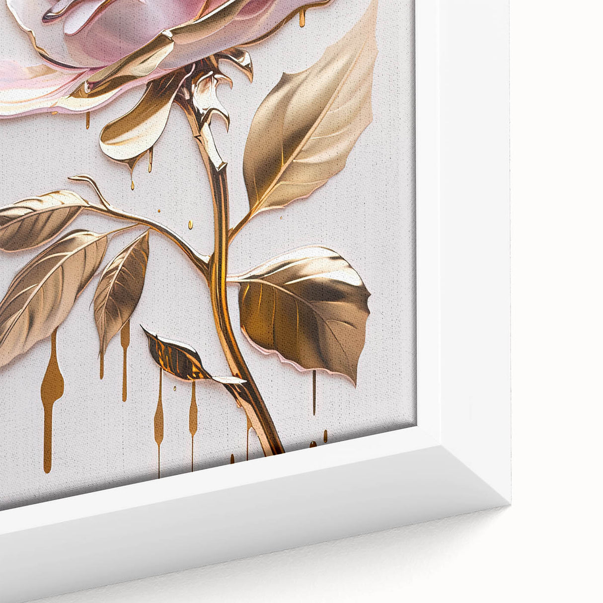 Close-up of a framed canvas wall art featuring a botanical rose design in soft pastel colors, highlighting intricate floral details and textures, ideal for home decor.