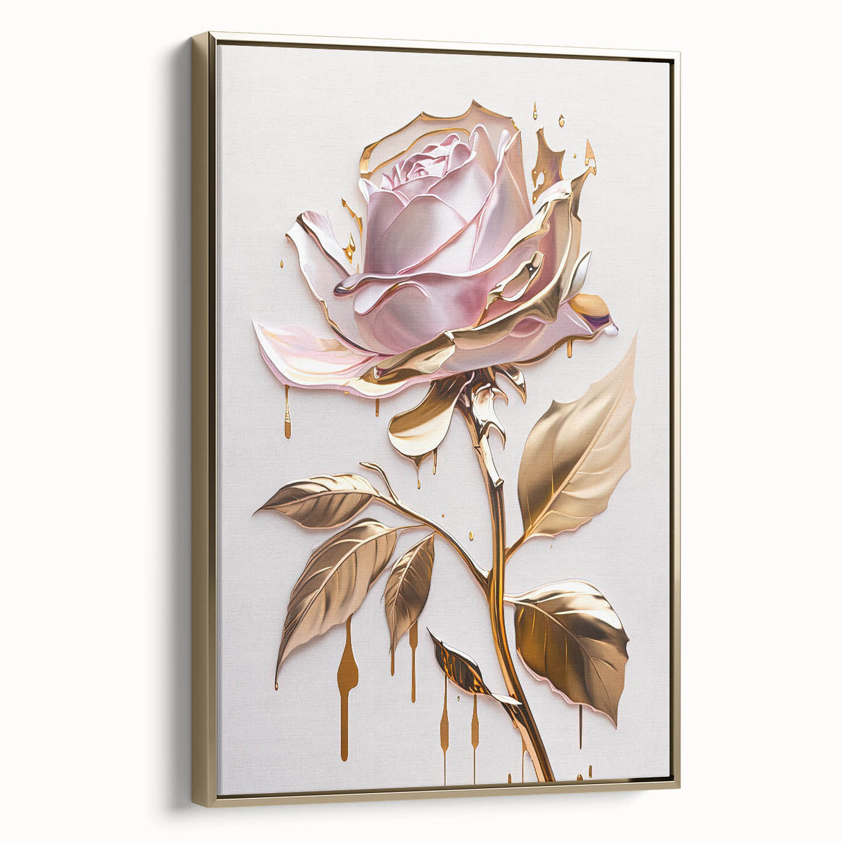 Framed botanical rose wall art canvas in gold, showcasing intricate floral details and vibrant colors, perfect for enhancing home decor aesthetics.