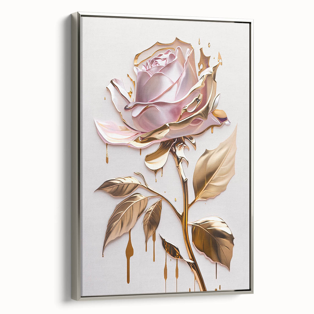 Framed canvas wall art showcasing a detailed botanical rose design in soft pink and green hues, elegantly set in a silver frame, perfect for home decor.