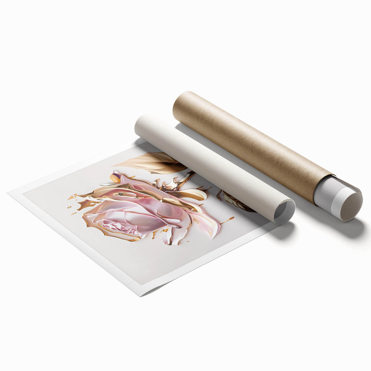 Botanical rose wall art design featuring delicate pink and white roses with green foliage, rolled for easy display and shipping in a protective tube. Perfect for floral decor enthusiasts.