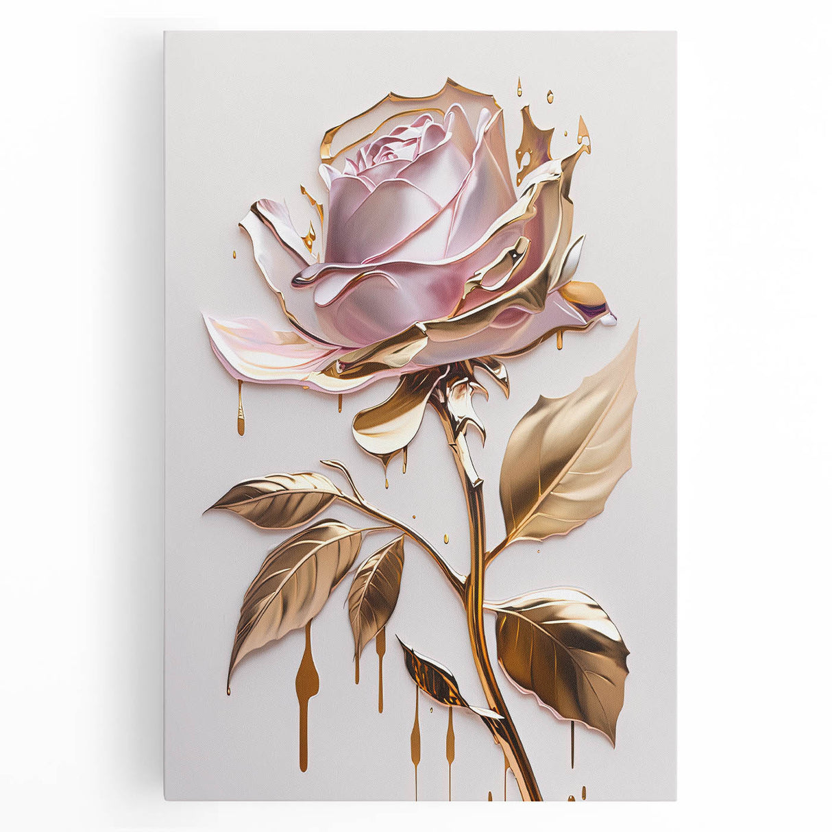Botanical rose design stretched canvas wall art showcasing vibrant pink and green hues, perfect for home decor or floral-themed interiors, highlighted with intricate detailing.