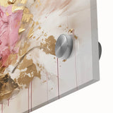 Close-up view of a botanical rose wall art piece featuring vibrant pink and white flowers on a sleek acrylic glass surface, ideal for modern home decor.