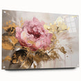 Acrylic glass wall art featuring a botanical rose design, showcasing vibrant colors and intricate details, displayed from a side view with pins for mounting.
