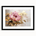 Botanical rose wall art design featuring vibrant pink and white flowers in a sleek black frame with a mat, perfect for home decor or gifting.