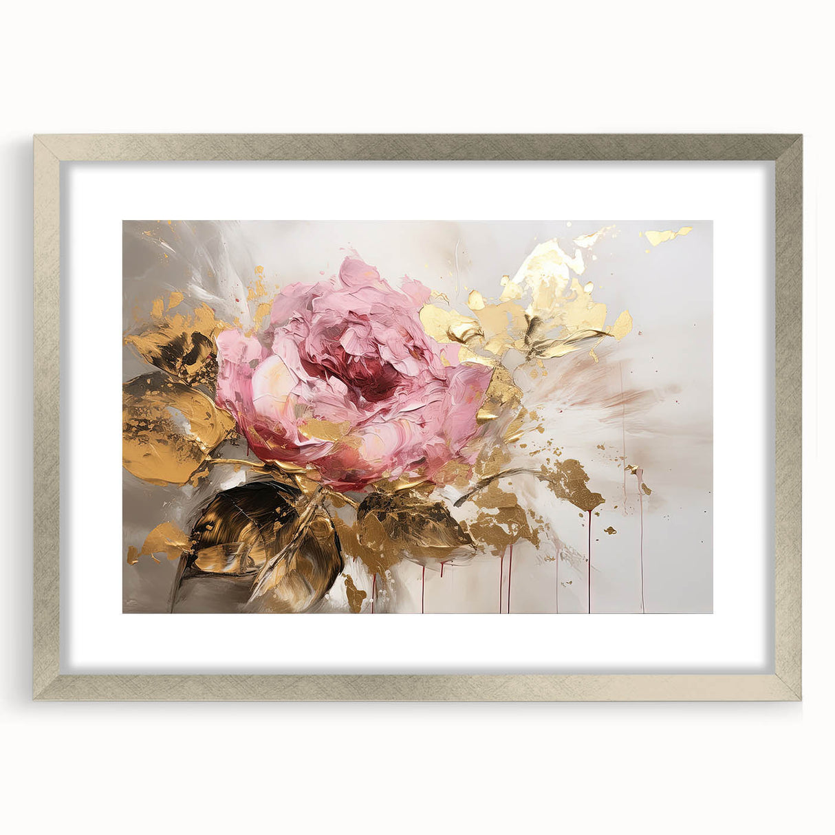 Botanical rose wall art framed in a silver mat, showcasing intricate floral details and vibrant colors, perfect for enhancing home decor with elegance.