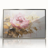 Framed botanical rose wall art showcasing intricate floral details in pink and green hues, encased in a sleek silver frame, perfect for home decor.