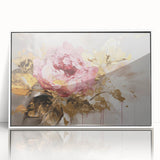 Framed acrylic wall art featuring a botanical rose design in soft pink and white hues, elegantly displayed against a white background, perfect for home decor.
