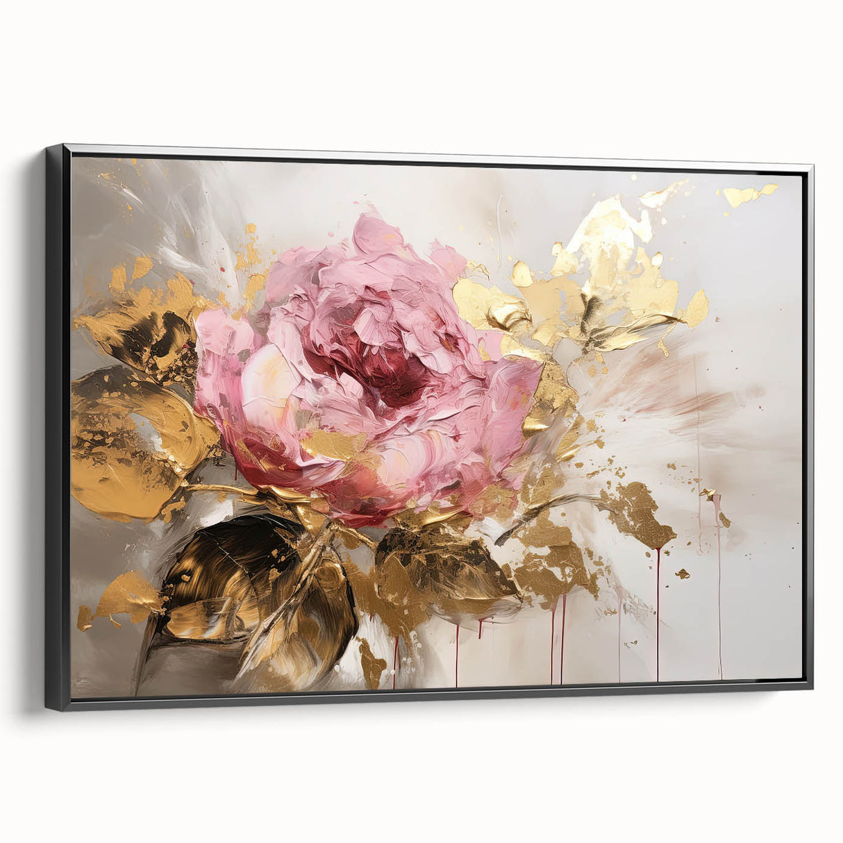 Framed botanical rose wall art in a sleek black frame, showcasing delicate pink and white roses against a soft green backdrop, perfect for home decor.