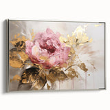 Framed wall art showcasing a botanical rose design on canvas, featuring a silver frame and side view, perfect for home decor and floral enthusiasts.