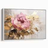 Framed canvas wall art showcasing a botanical rose design in soft pink and green hues. The artwork is presented from a side view, emphasizing its elegant frame and artistry, perfect for home decor enthusiasts.