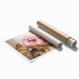 Botanical rose wall art print featuring intricate floral designs in soft pink and green hues, rolled for easy shipping in a protective tube. Perfect for home decor.