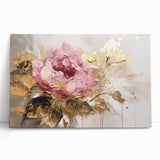 Botanical rose design stretched canvas wall art featuring vibrant pink and green hues, elegantly leaning against a neutral background, perfect for home decor.