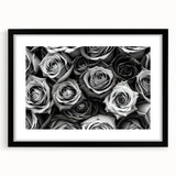 Botanical rose wall art design featuring elegant floral illustrations in soft pink and green hues, framed with a sleek black mat, perfect for home decor.