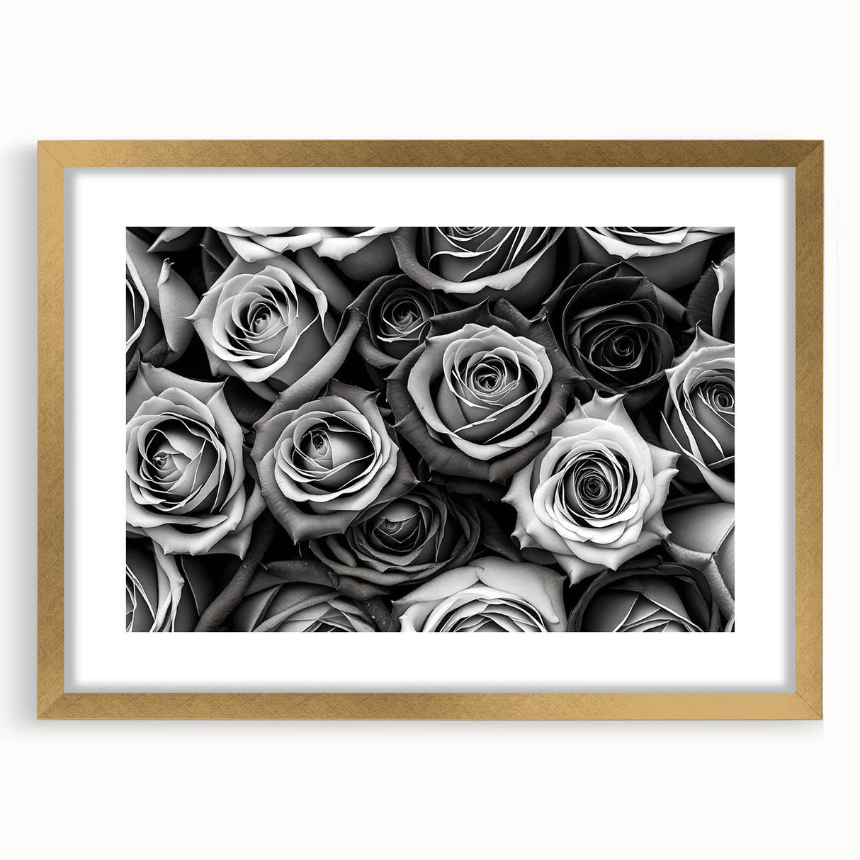 Botanical wall art collection showcasing a framed gold mat design featuring intricate rose illustrations, ideal for enhancing home decor with a touch of elegance.