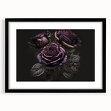 Botanical rose wall art design framed in black with a mat, showcasing elegant floral details and vibrant colors, perfect for home decor enhancement.