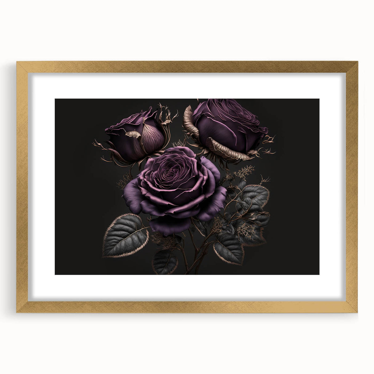 Botanical rose wall art framed in gold with a white mat, showcasing intricate floral details and elegant design, perfect for home decor enhancement.