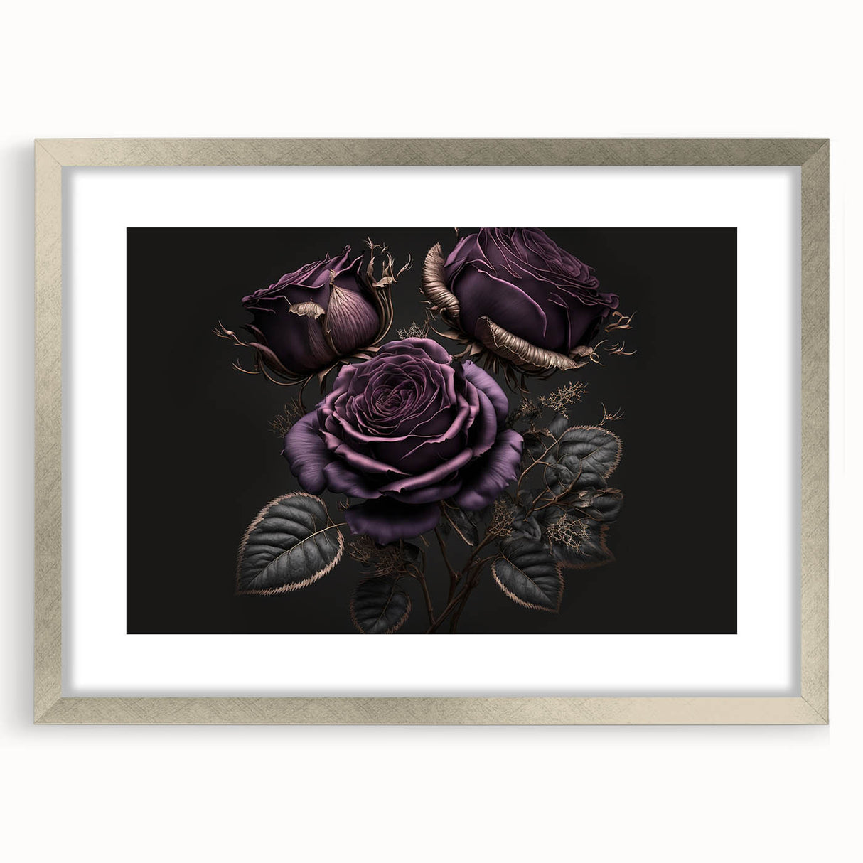 Botanical wall art featuring an elegant rose design in a silver frame with a mat, perfect for home decor. Ideal for floral enthusiasts seeking stylish wall accents.