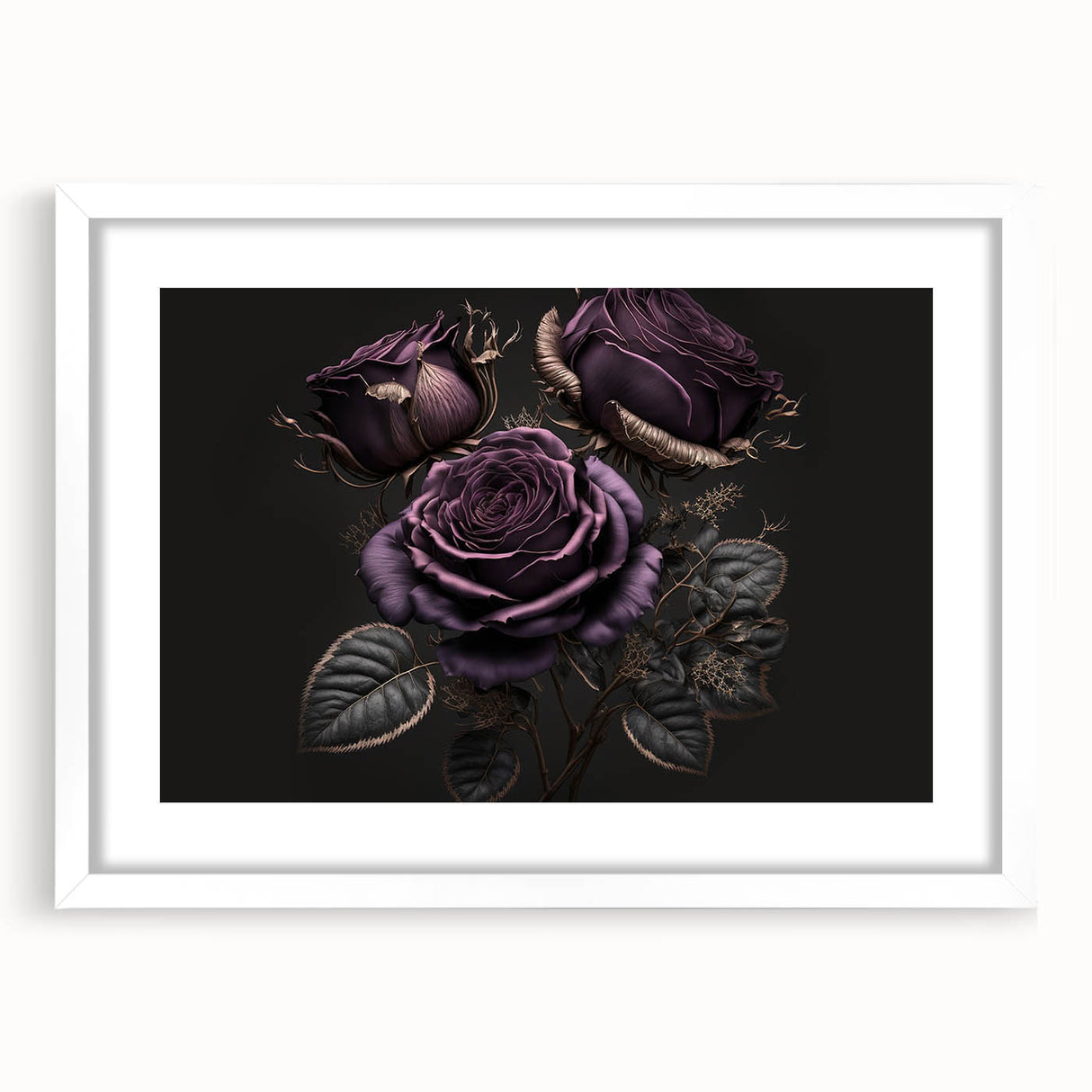 Framed botanical rose wall art with a white mat, showcasing intricate floral designs and vibrant colors, perfect for home decor and enhancing interior aesthetics.