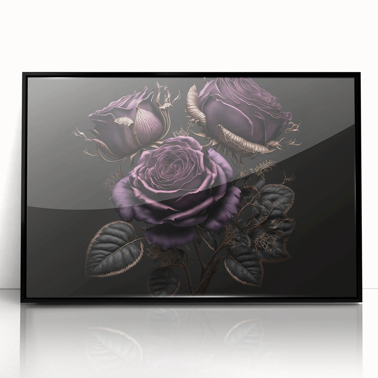 Framed acrylic wall art featuring a botanical rose design in vibrant colors, elegantly displayed with a sleek black frame, perfect for enhancing any modern decor.