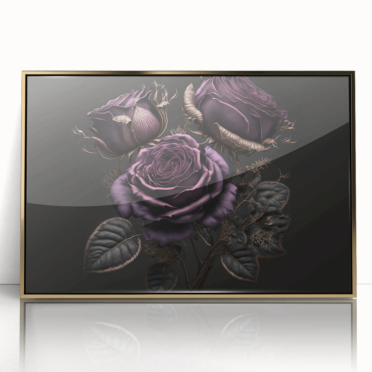 Framed acrylic wall art showcasing a botanical rose design with gold accents, perfect for elegant home decor. This piece adds a touch of sophistication to any room.