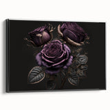 Framed canvas wall art showcasing a botanical rose design with vibrant floral colors, set against a sleek black frame, ideal for enhancing home decor.