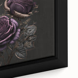 Framed canvas wall art featuring a detailed close-up of a botanical rose design in soft pink and green hues, ideal for floral decor enthusiasts.