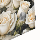 Close-up of a botanical rose design wall art piece, showcasing vibrant pink and green hues on clear acrylic glass, perfect for floral decor enthusiasts.