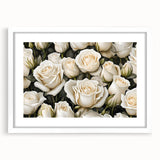 Botanical rose wall art framed in white with a mat, showcasing delicate pink and cream roses against a soft backdrop, perfect for home decor enhancement.