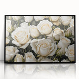 Framed wall art showcasing a botanical rose design with vibrant colors, set in a sleek black frame, ideal for enhancing home decor and adding elegance.