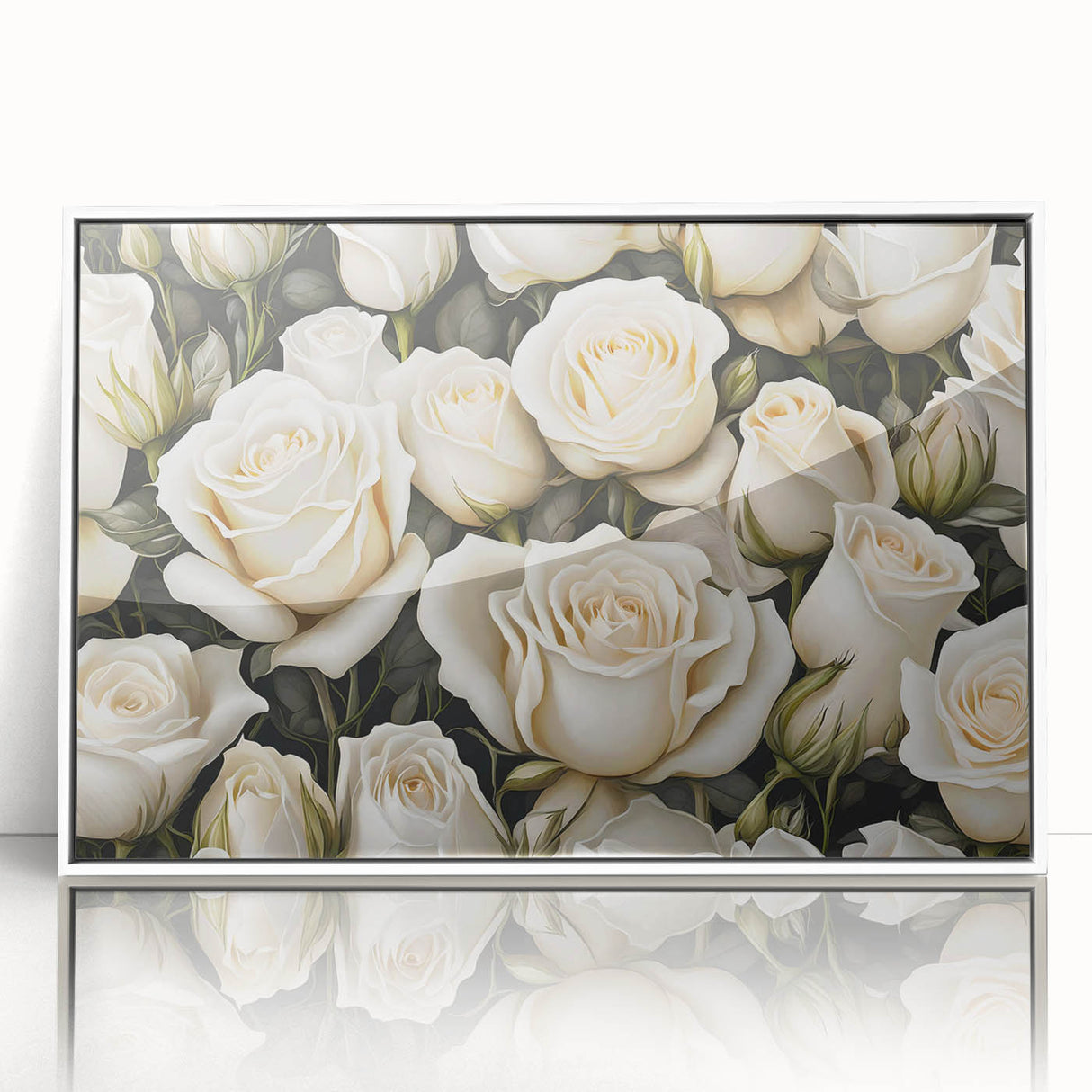 Framed wall art featuring a botanical rose design with vibrant colors and intricate details, set in a sleek white frame, ideal for modern home decor.