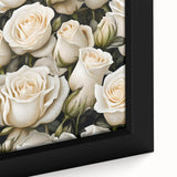 Close-up of a framed botanical rose design wall art piece showcasing intricate details, vibrant colors, and a textured canvas surface, perfect for home decor.