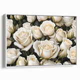 Framed botanical wall art featuring a delicate rose design on a white canvas, showcasing elegant details and a stylish side view, perfect for home decor.