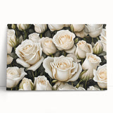 Botanical rose wall art collection on stretched canvas, showcasing vibrant pink and green hues, elegantly leaning against a neutral wall, perfect for home decor.