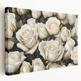 Stretched canvas showcasing a botanical rose design in vibrant colors, perfect for home decor. Side view highlights the canvas texture and quality finish.