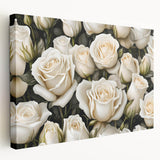 Stretched canvas showcasing a botanical rose design in vibrant colors, perfect for home decor. Side view highlights the canvas texture and quality finish.