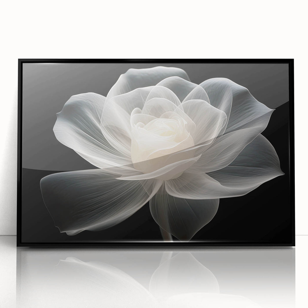 Framed wall art showcasing a botanical rose design in a black acrylic frame, highlighting vibrant colors and intricate details, perfect for home decor.
